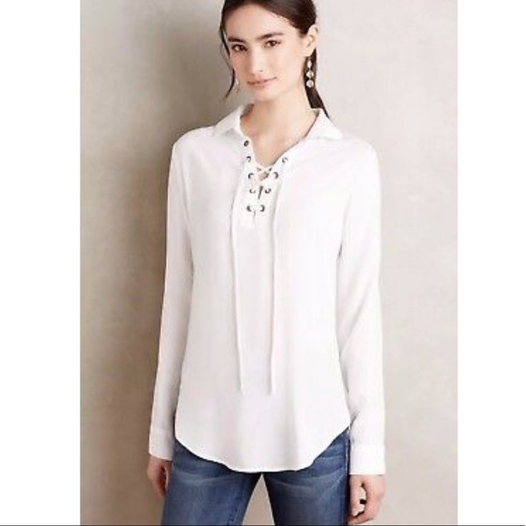 Anthropologie Cloth & Stone Natural Indigo shabori tie dye Lace-Up Henley Blouse - Picture 9 of 16